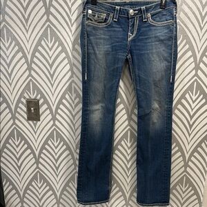 True Religion Blue Billy Big QT Straight Leg Jeans with Distressed Details